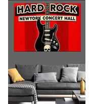 Siyah Elektro Gitar Görselli Hard Rock Konser Afişi Kırmızı Fon Dekoratif Kanvas - Mdf Ahşap Tablo