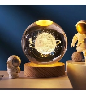 3D Kristal Cam Küre Ahşap Kaideli Gece Lambası - Satürn