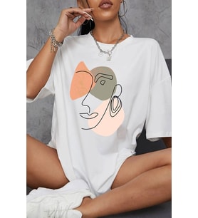 Çizgi Baskılı Pamuklu Oversize Tişört (Beyaz)