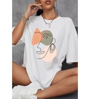 Çizgi Baskılı Pamuklu Oversize Tişört (Beyaz)