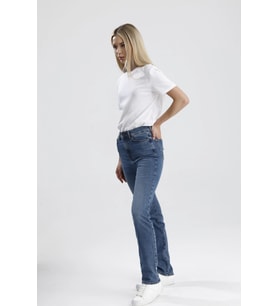 Yeni Sezon Nataly36 Yüksek Bel Düz Kesim Eskitilmiş Orta Koyulukta Indigo Denim Kadın Jean Pantolon