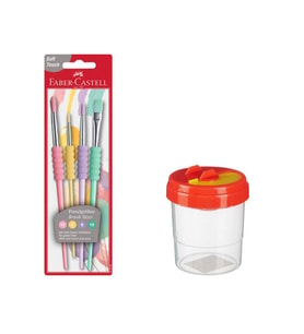 Fırça Seti 4 lü Pastel Renkli ve Fırça Temizleme Kabı 1 Adet Faber Castell Fırça Takımı (Karışık)