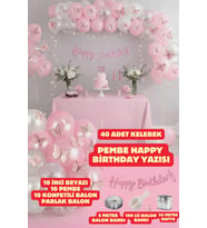 Happy Bırthday Yazı Gümüş Konfetili 30 Adet Kelebekli Pembe İnci Beyazı Balon Parti Doğum Günü Seti