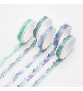 Vintage Washi Tape Bant Baskılı Yapışkanlı Maskeleme Kağıdı Sevimli Desenli bant 5 li - Suluboya Manzara