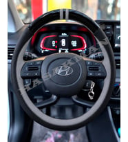 Hyundai i20 Dikme Direksiyon Kılıfı Parlak Siyah Gri Detaylı Gri Çift Yüzük ve Dikiş 2020-2026