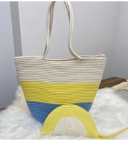 Hasır Çanta Plaj Çantası Jüt İp Özel Dikiş Büyük Boy Çanta ve Cüzdan Seti 48 cm (Mavi - Sarı - Beyaz)