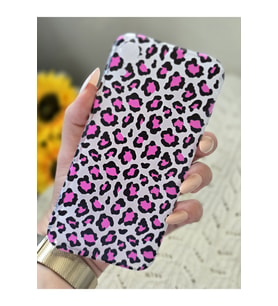 Iphone XR Uyumlu Pembe Leopar Baskılı Şeffaf Telefon Kılıfı