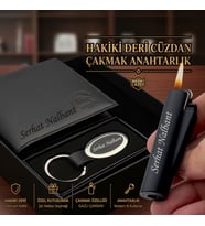 Kişiye Özel Hakiki Deri Cüzdan Clipper Çakmak Anahtarlık  - Babaya Sevgiliye Arkadaşa Eşe Hediye Seti