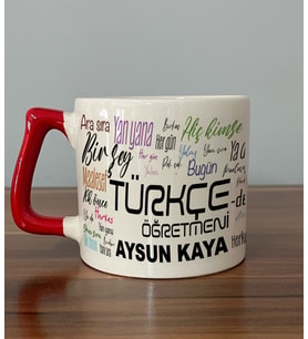 Kişiye Özel Türkçe Öğretmeni Baskılı Kırmızı Kulplu D Kupa (Beyaz)
