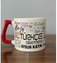 Kişiye Özel Türkçe Öğretmeni Baskılı Kırmızı Kulplu D Kupa (Beyaz)