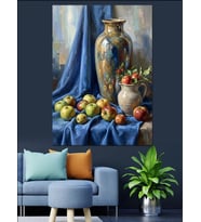 Mavi Masa Örtüsünde Natürmort Meyveler Dekoratif Kanvas - Mdf Ahşap Tablo