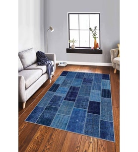 Mavi Patchwork Kaymaz Taban Makinede Yıkanabilir Halı RV228 - 100 x 160 cm