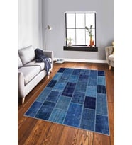 Mavi Patchwork Kaymaz Taban Makinede Yıkanabilir Halı RV228 - 100 x 160 cm