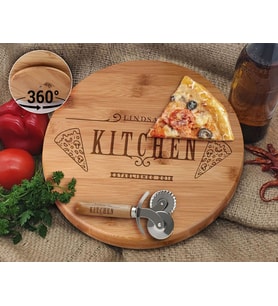 BK Gift Kişiye Özel İsimli Bambu Ahşap Döner Tablalı Pizza Tahtası-11, Pizza Kesme Tahtası Seti, Şarküteri Tahtası, Servis Tepsisi, Ahşap Tabak, Eve Taşınma Hediyesi