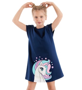 Renkli Unicorn Kız Çocuk Elbise (Lacivert)