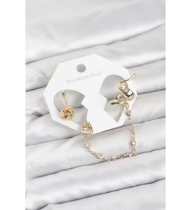 Pirinç Gold Renk Yılan Model Zincir Bağlantılı Ear Cuff Küpe Seti - TJ-BKP11532