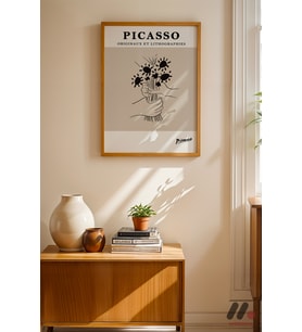 Picasso Çiçek Litografi, Ahşap Çerçeveli Duvar Tablosu - Modern Ev Dekorasyonu