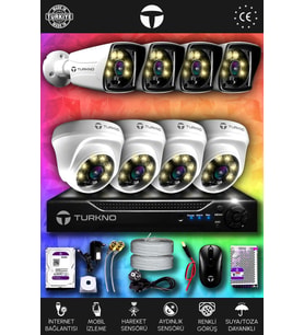 TURKNO 8 Kameralı Karie 4 İç Kamera Set 500 GB HDD Full HD Renkli Gece Görüşlü Güvenlik Kamerası Sistemi