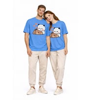 Sevimli Panda Baskılı Sevgili Kombini Çift Tişört Oversize Unisex Çift Kombin 2'Li Set (Mavi)