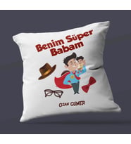 Kişiye Özel Benim Süper Babam Tasarımlı Saten Kare Yastık (Beyaz)