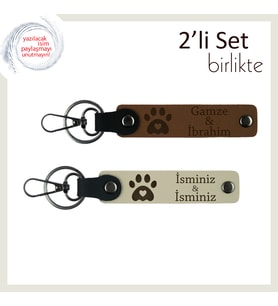 Kedi veya Köpek İsmi Yazılabilir, Pati Kalpli Deri Anahtarlık Takımı, Açık Kahve-Sütlü Kahve