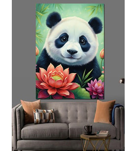 Lotus Çiçeği Oturan Panda Dekoratif Kanvas - Mdf Ahşap Tablo