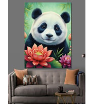 Lotus Çiçeği Oturan Panda Dekoratif Kanvas - Mdf Ahşap Tablo