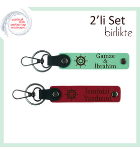 Hediyelik Gemi Dümeni Temalı Deri Anahtarlık Takımı, Kişiselleştirilebilir, Açık Yeşil-Kırmızı