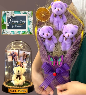 Sizlere Özel Led Işıklı Fanus ve Mor Peluş Ayıcık Buketi - Premium Hediye Seti (Model 1)
