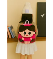 Sevimli Kız Mini Peluş Çanta, Ayarlanabilir Çocuk Sırt Çantası Askılı, Astarlı, Fermuarlı, 30 cm (Pembe)