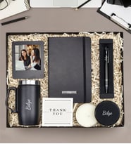 Kişiye Özel Siyah Kulplu 280 ML Çelik Termos & Siyah Defter & Gümüş Renk Detaylı Siyah Tükenmez Kalem & Siyah Metal Kutulu Mum & Siyah İnstagram Çerçeve Hediye Seti