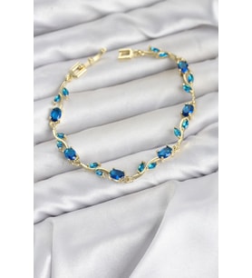 Pirinç Gold Renk Mavi Zirkon Taşlı Çiçek Model Kadın Bileklik TJ-BB8575