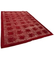 Kırmızı Halı Vintage Eskitme Etkili Geometrik Motifli El Dokuma Salon Halısı Bordür Detaylı