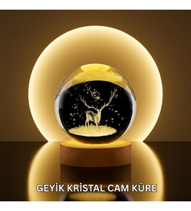 Doğal Ahşap Standlı Geyik Figürlü Kristal Küre Led Dekoratif Lamba - Lisinya