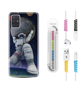 Samsung a71 A72 A73 A7 A9 2018 C7 C9 Kılıf Kablo Koruma Spiral Silikon Astronot ve Dünya 1759