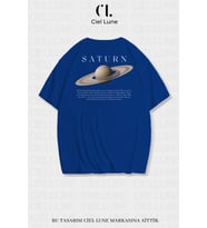 Nevermind Unisex Kadın Erkek Saturn Baskılı Özel Tasarım Oversize T-shirt (Mavi)