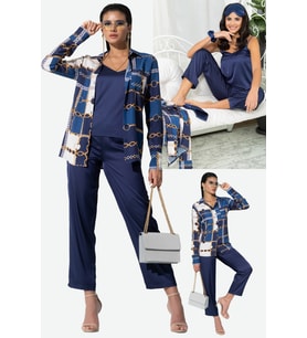 6'lı Hem İçeride Hem Dışarıda Zincir Desen Lacivert Pijama Takım