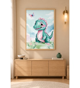 Pembe Benekli Dinozor Çiçekli Çayır Ahşap Çerçeveli Duvar Tablosu
