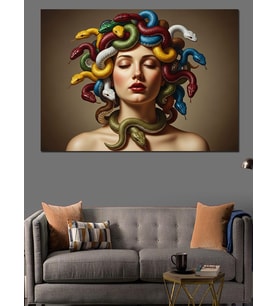 Renkli Yılan Saçlı Medusa Figürü Dekoratif Kanvas - Mdf Ahşap Tablo