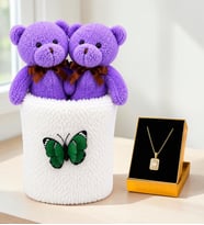 Peluş Saksıda Peluş Ayıcık Buketi ve Altın Kaplama Baget Montür Kolye Kadına Sevgiliye Arkadaşa Hediye