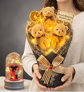Size Özel Büyük Boy Işıklı Peluş Ayıcık Buketi ve Işıklı Biblolu Fanus Hediye Seti (Model 3)