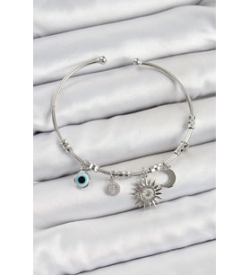 Pirinç Zirkon Taşlı Güneş Ay Ve Nazar Model Gümüş Renk Charm Bileklik - TJ-BB7346