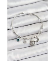 Pirinç Zirkon Taşlı Güneş Ay Ve Nazar Model Gümüş Renk Charm Bileklik - TJ-BB7346