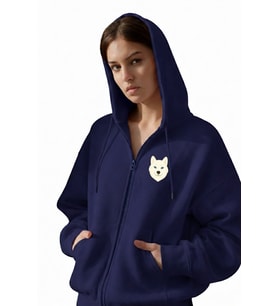 Kadın Beyaz Husky Baskılı Oversize Fermuarlı Hoodie (Lacivert)