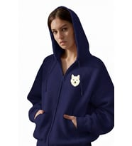 Kadın Beyaz Husky Baskılı Oversize Fermuarlı Hoodie (Lacivert)