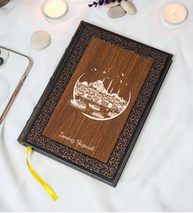 Kişiye Özel İstanbul Desenli Termo Deri + Ahşap Anı Defteri - Çizgili Defter - Hediyelik (15x21 cm - 320 Sayfa) A5