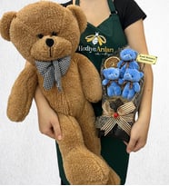 Kişiye Özel 3'lü Peluş Ayıcık Buketi ve Büyük Boy Kahverengi Peluş Ayıcık (Model 2)