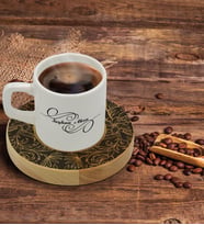 BK Gift Kişiye Özel Retro Motif Tasarımlı Doğal Ahşap Tabaklı Türk Kahvesi Fincanı Model 16