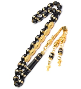 18k Altın Kaplama 925 Ayar Gümüş Aksesuarlı 7x11mm Sarmal Kuka Tesbih (Siyah)