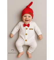 BABYDEN'S Minik Patron Erkek Bebek Düğmeli Tulum ve Bere Seti – Papyonlu,Manşetli Paça, %100 Pamuk Bebek Tulum (Kırmızı)